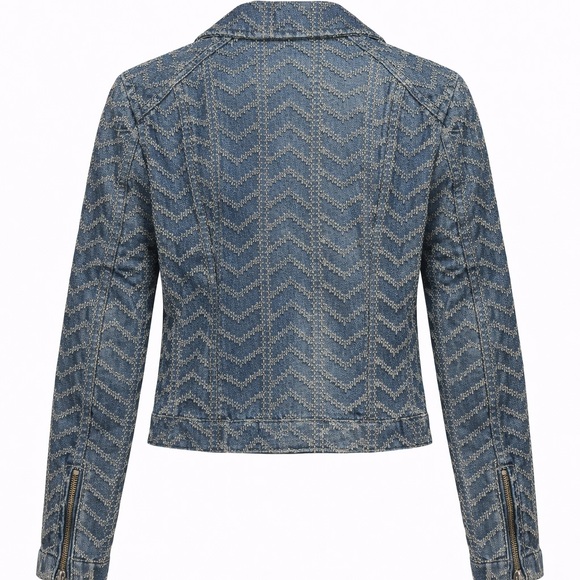 Free People Chevron Blue Denim Moto Jacket Cropped Asymmetrical Zip Women 4 - Picture 13 of 13